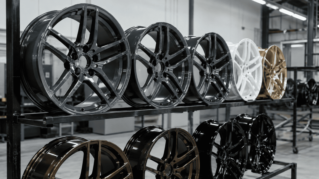 Automotive powder coating gives vehicle rims a durable, custom finish.