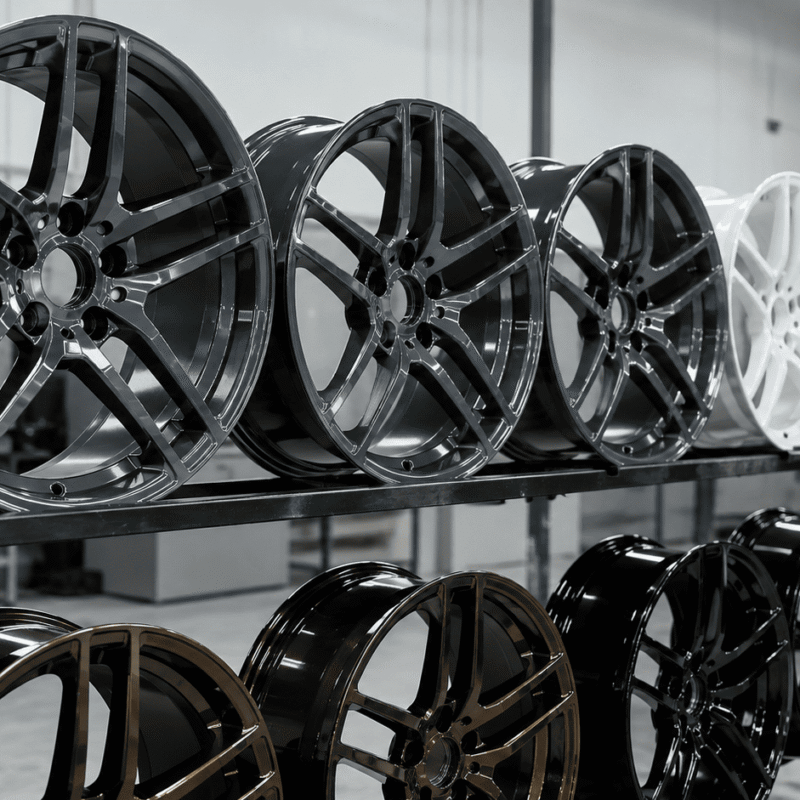 Automotive powder coating gives vehicle rims a durable, custom finish.