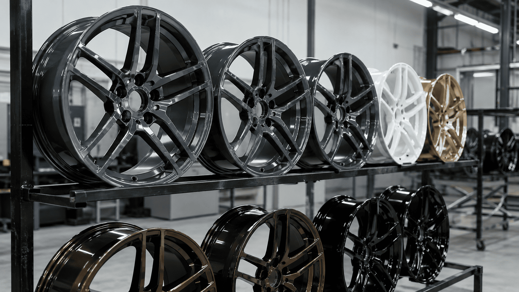 Automotive powder coating gives vehicle rims a durable, custom finish.