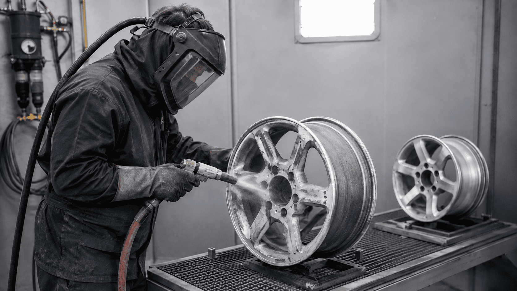 Automotive powder coating preparation includes removing old finishes from metal wheels.