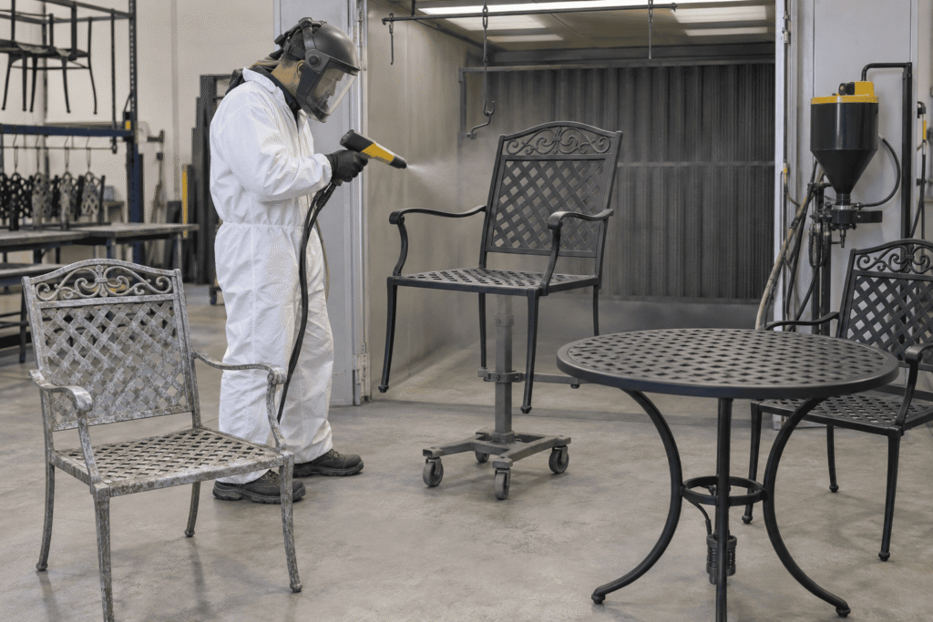 Outdoor furniture powder coating restores a faded metal patio set.