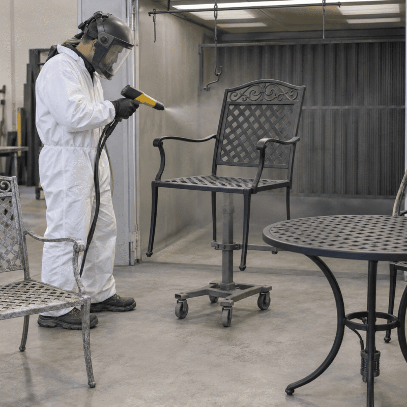Outdoor furniture powder coating restores a faded metal patio set.