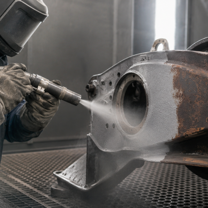Sandblasting removes rust and old coating from a metal part before powder coating.