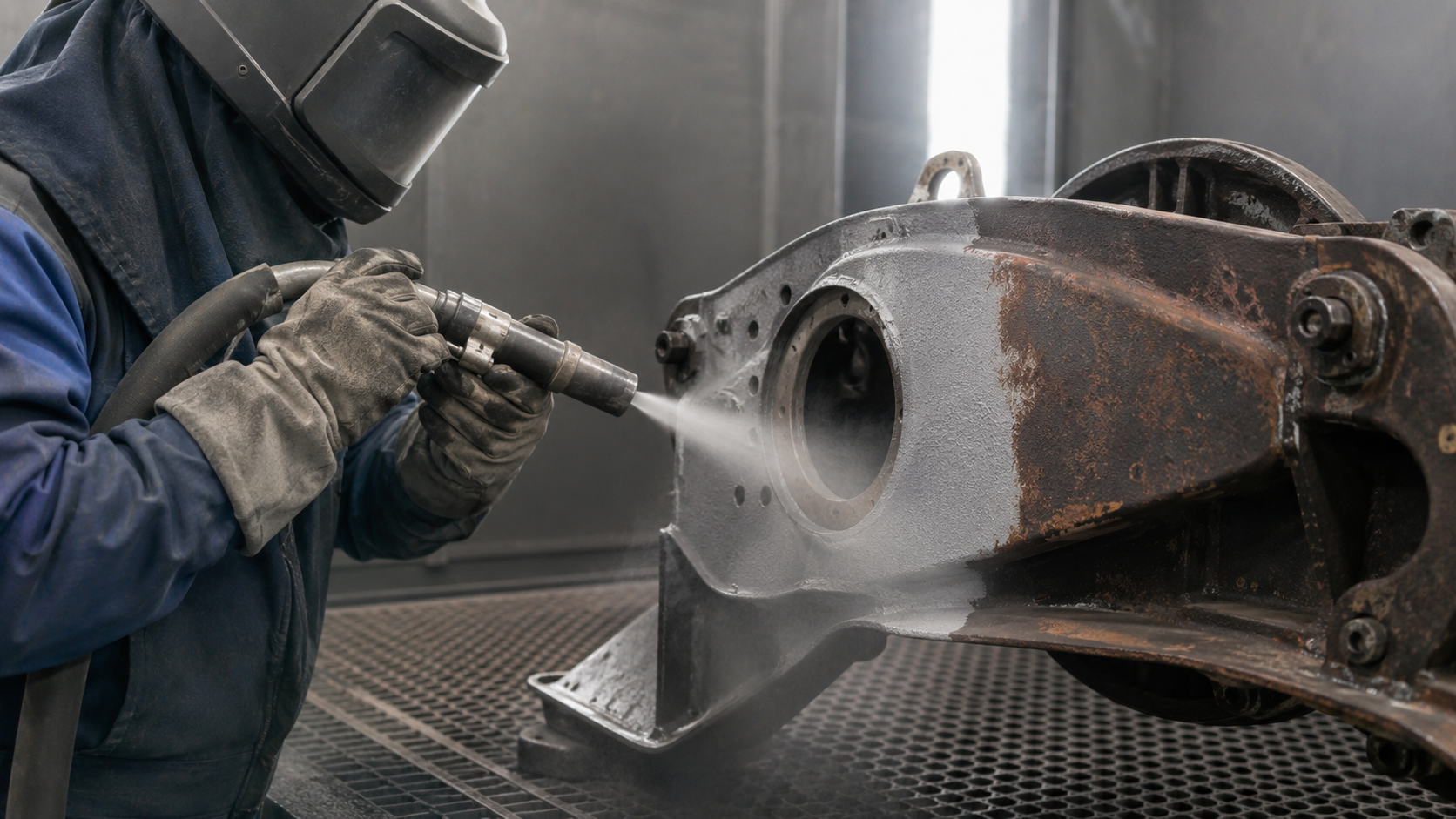Sandblasting removes rust and old coating from a metal part before powder coating.
