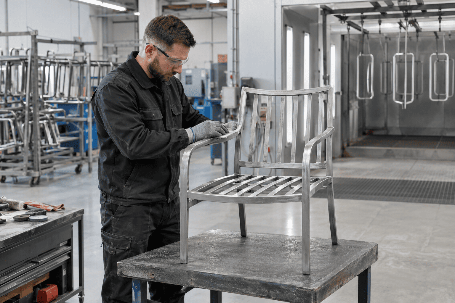 Technician from Powder Tech Solutions prepares a metal chair frame for powder coating.